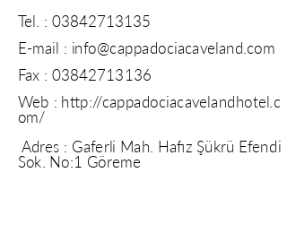 Cappadocia Cave Land Hotel iletiim bilgileri